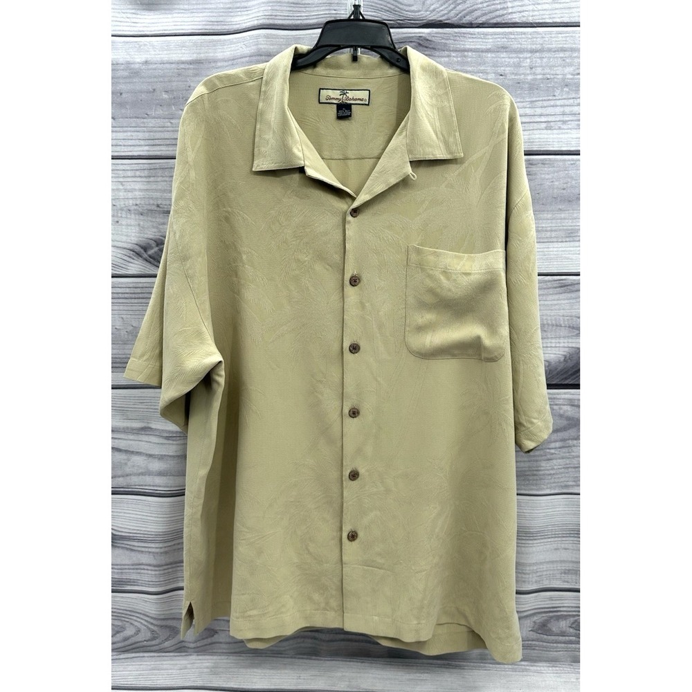 TOMMY BAHAMA 100% SILK CAMP SHIRT Men's Size‎ XL  BEIGE ALL OVER PALM TREE PRINT